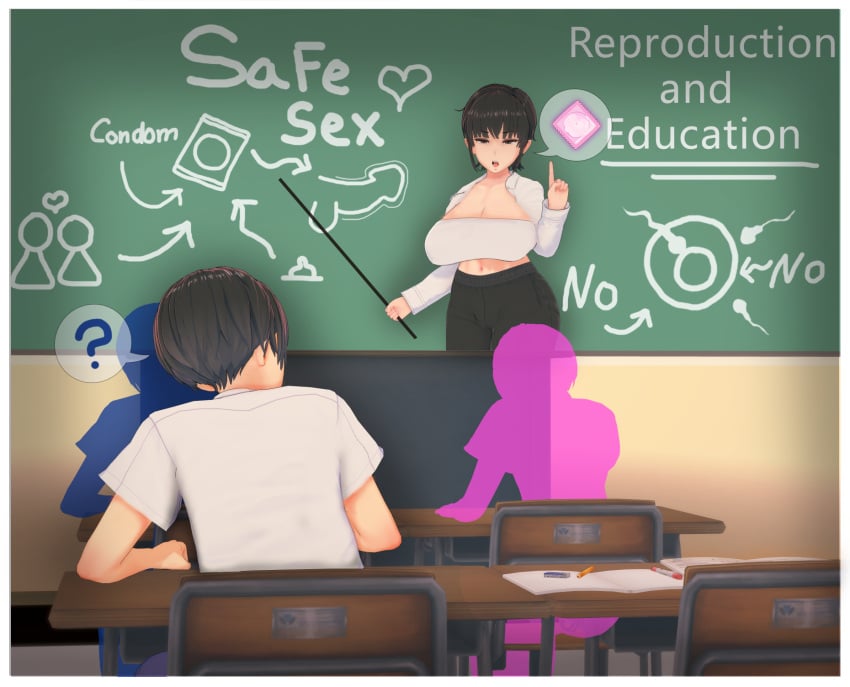 1boy 1girls 2023 3d :o ? black_hair board chair chalkboard cheating cheating_girlfriend chubby chubby_female classroom cleavage clueless condom condom_wrapper cuckold english_text erect_nipples erect_nipples_under_clothes half-closed_eyes heart hi_res high_resolution highres looking_at_another mature mature_female netorare nipples notebook ntr open_mouth original pen pencil school_uniform sex_education sitting_on_chair skirt speech_bubble student teacher text tied_hair twintails uniform vyrus_smith