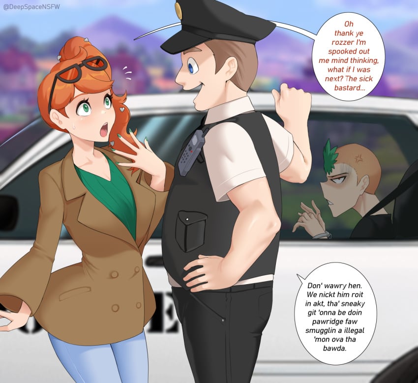 1girls 2boys arrest arrested blue_jeans brown_jacket deepspace defeat defeated english_text eyewear_on_head game_over ginger ginger_hair glasses good_end good_ending green_eyes green_hair green_topwear handcuffs orange_hair pokemon pokemon_ss police police_car police_hat police_officer_(pokemon) police_uniform punk_guy_(pokemon) punk_guy_(pokemon_xy) shocked sonia_(pokemon) speech_bubble sunglasses sunglasses_on_head tagme text trenchcoat