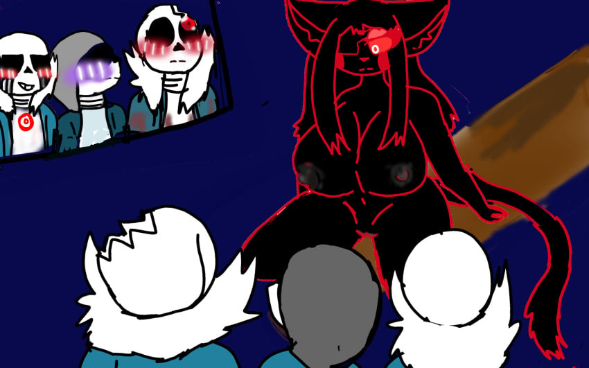 1girls 3boys adult_female big_ass big_breasts blush dust_sans exposed_breasts exposed_pussy female hate_maria horror_sans killer_sans male naked naked_female nekogirl night_sky red_eyes thick_thighs tree_branch undertale_oc