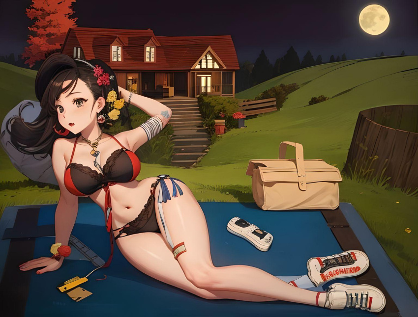 ai_generated black_hair busty flower_in_hair lingerie long_legs moonlight night_sky pale_skin picnic_basket pinup ribbons shiny_skin sneakers wide_hips