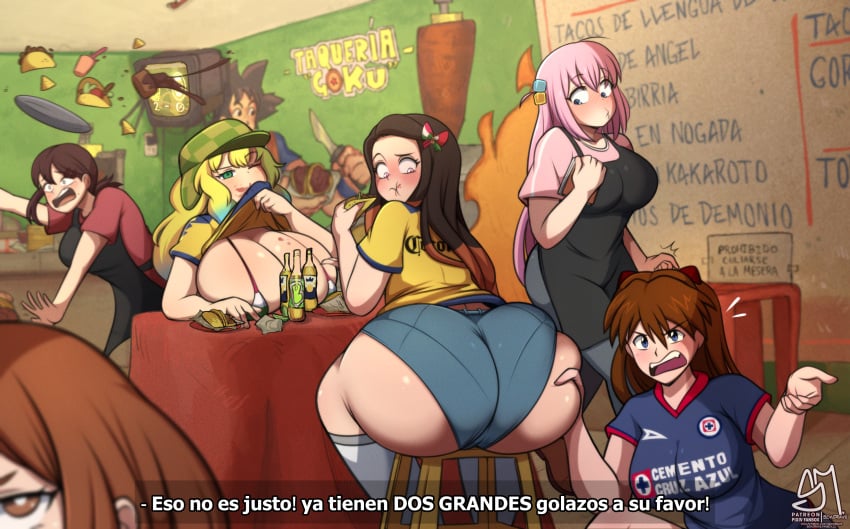 6+girls apron ass ass_grab asuka_langley_sohryu beer big_breasts bikini blue_eyes bocchi_the_rock! breasts brown_eyes brown_hair bubble_ass bubble_butt chainsaw_man crossover demon_slayer dragon_ball fat_ass female female_only gotou_hitori green_eyes hat hidden_goku higashiyama_kobeni huge_ass huge_breasts kamado_nezuko kimetsu_no_yaiba long_hair micro_bikini minishorts miss_kobayashi's_dragon_maid multicolored_hair multiple_crossover my_hero_academia neon_genesis_evangelion ochako_uraraka orange_hair pink_eyes pink_hair quetzalcoatl_(dragon_maid) semidraws short_hair shorts son_goku spanish_text taco text