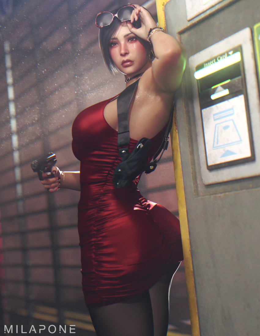 1girls 3d ada_wong ada_wong_(adriana) asian asian_female ass big_ass big_breasts biohazard black_hair black_nail_polish breasts busty capcom dress female female_focus female_only hourglass_figure lifting_sunglasses makeup milapone pinup pinup_pose pose posing resident_evil resident_evil_2 resident_evil_2_remake short_hair smiling_at_viewer solo sunglasses_on_head tagme thick_thighs wide_hips