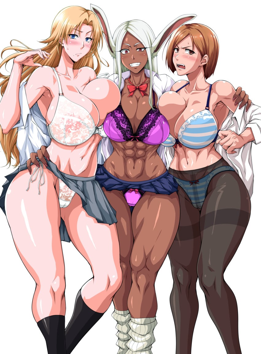 3girls abs absurd_res animal_ear_fluff animal_ears arm_around_waist armpits assisted_exposure bangs bare_shoulders black_legwear black_pantyhose black_skirt black_socks bleach blonde_hair blue_bra blue_eyes blue_panties blue_underwear blush bow bow_bra bow_panties bowtie bra breast_press breasts brown_eyes brown_hair bunny_ears bunny_girl cameltoe cleavage closed_mouth clothes_lift clothes_pull clothing collared_shirt company_connection crossover crotch_seam curvaceous dark-skinned_female dark_skin dress_shirt eyelashes female female_only footwear frown grey_skirt grin hand_on_another's_hip hi_res high_resolution highleg highleg_panties highres huge_breasts jujutsu_kaisen kimura_naoki kneehighs kugisaki_nobara lace lace-trimmed_bra lace-trimmed_panties lace_bra lace_trim large_breasts legwear lifted_by_another lifted_by_self light-skinned light-skinned_female lingerie long_eyelashes long_hair long_sleeves looking_at_viewer loose_socks matsumoto_rangiku miniskirt miruko mole mole_under_mouth multiple_girls muscle muscular_female my_hero_academia naughty_face navel off_shoulder open_clothes open_mouth open_shirt orange_hair panties_under_pantyhose pantsu pantyhose parted_bangs parted_lips pink_bra pink_panties pleated_skirt purple_bra purple_panties purple_underwear red_bow red_bowtie red_eyes red_neckwear rumi_usagiyama school_uniform see-through shiny shiny_skin shirt short_hair shounen_jump shueisha side-tie_panties simple_background skindentation skirt skirt_lift skirt_pull smile socks standing striped striped_bra striped_panties striped_underwear sweat swept_bangs take_your_pick teeth thick_thighs thigh_gap thighband_pantyhose thighs toned underwear undressing uniform weekly_shonen_jump white_background white_bra white_hair white_panties white_shirt white_underwear