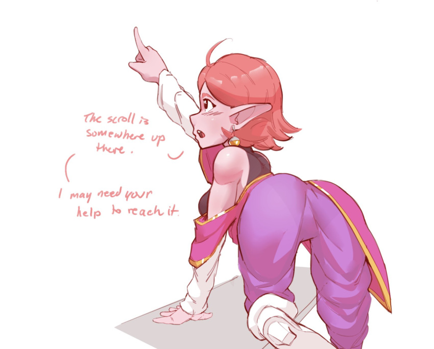 1girls ass ass_focus bent_over chronoa dragon_ball earrings female female_focus female_only fully_clothed heels looking_up mrmlix pink_body pink_hair pink_skin pointing pointy_ears sideboob suggestive tagme text white_background