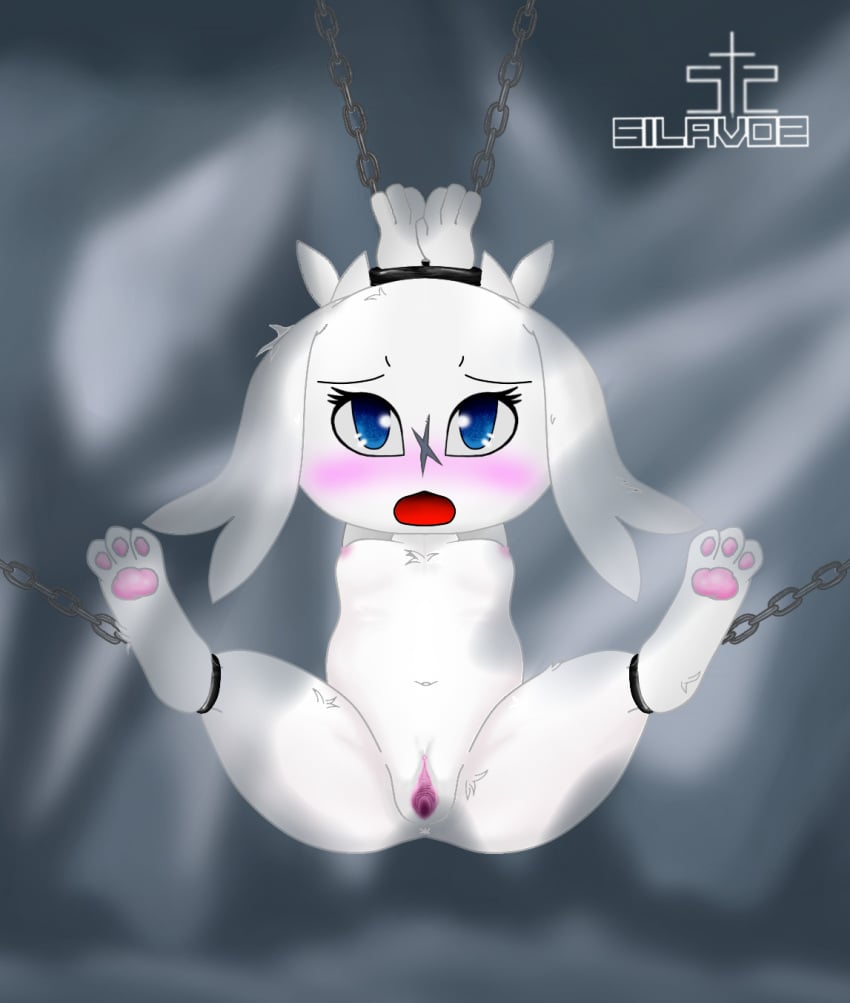 anthro anus blue_eyes breasts cave cave_story chained clitoris female female_only fur furry genital mimiga open_mouth open_pussy pussy silavos spreading sue_sakamoto white_fur