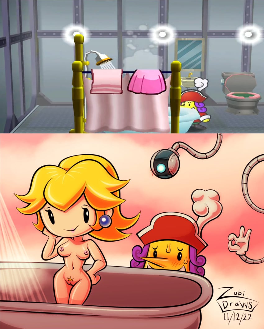 breasts canonical_scene embarrassed female flavio mario_(series) naked naked_female nude nude_female paper_mario paper_mario:_the_thousand-year_door paper_peach princess_peach pussy shower tec-xx zobi-draws