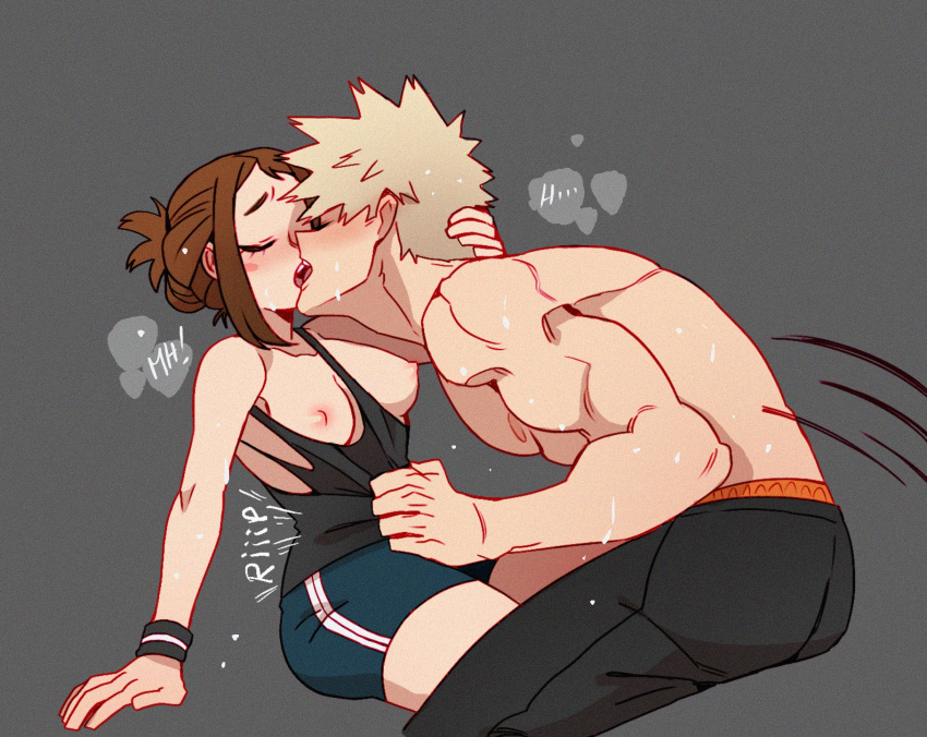 1boy 1girls bakugou_katsuki breasts breasts_out exposed_breasts female french_kiss katsuki_bakugou kissing male male/female muscular muscular_male my_hero_academia ochako_uraraka open_mouth_kiss passionate ripped_clothing ripped_shirt shirtless spiky_hair sportswear straight superevey