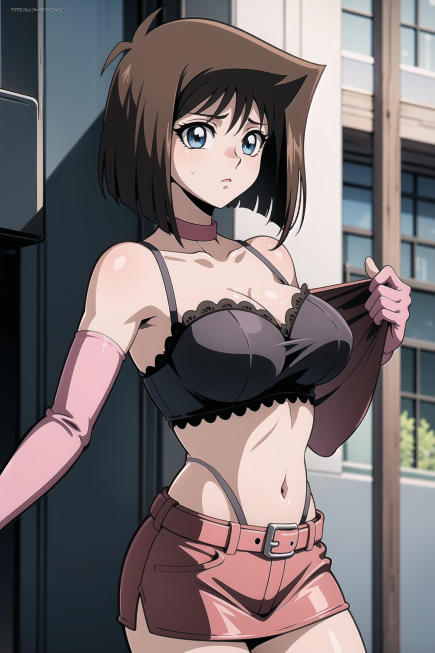 ai_generated blue_eyes bra brown_hair clothing half-dressed open_mouth public short_jeans tea_gardner yu-gi-oh!