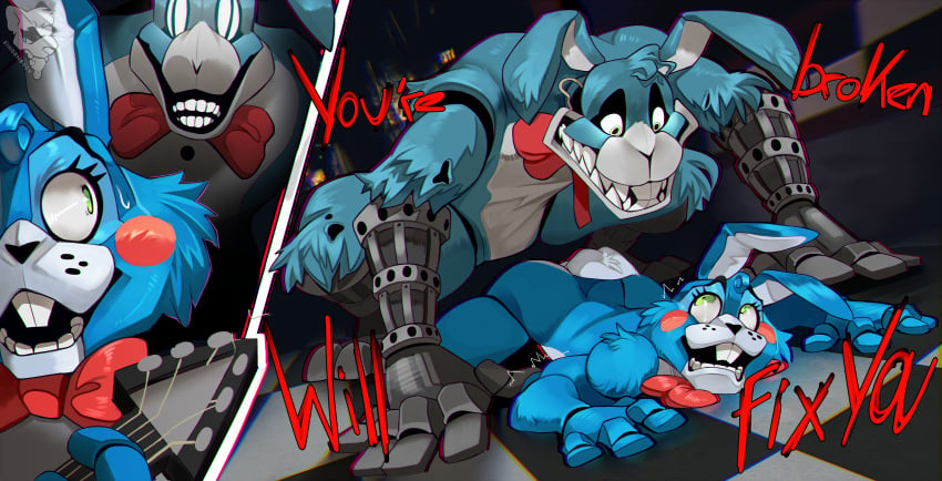 2_panel_comic 2boys 4_fingers 5_fingers animatronic blue_fur blush bon_(the_walten_files) bowtie bunny creepy_smile dominant_male five_nights_at_freddy's five_nights_at_freddy's_2 gay green_eyes grin guitar imminent_anal imminent_penetration imminent_sex looking_at_another looking_at_partner looking_down looking_scared male/male male_only on_floor on_fours questionable_consent rabbit red_cheeks robot robotic_arm robotic_leg scared simple_background sindenbock submissive_male sweatdrop tagme text the_walten_files toy_bonnie toy_bonnie_(fnaf) white_fur yaoi