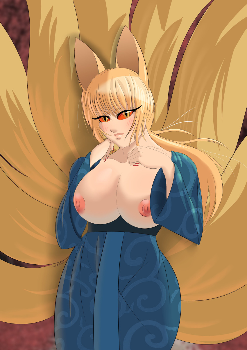 big_breasts blonde_hair chika_(zils11) exposed_breasts fox_ears fox_girl fox_tail kimono kyuubi monster_girl nine_tailed_fox oc red_sclera yellow_eyes zils11