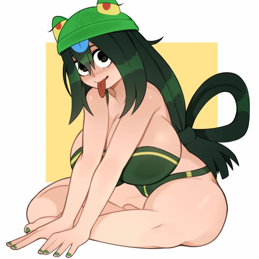 1girls big_breasts bra cleavage eyebrows green_hair large_breasts long_hair looking_at_viewer melonpuff my_hero_academia open_mouth panties thick_thighs thighs tongue tongue_out tsuyu_asui wide_hips