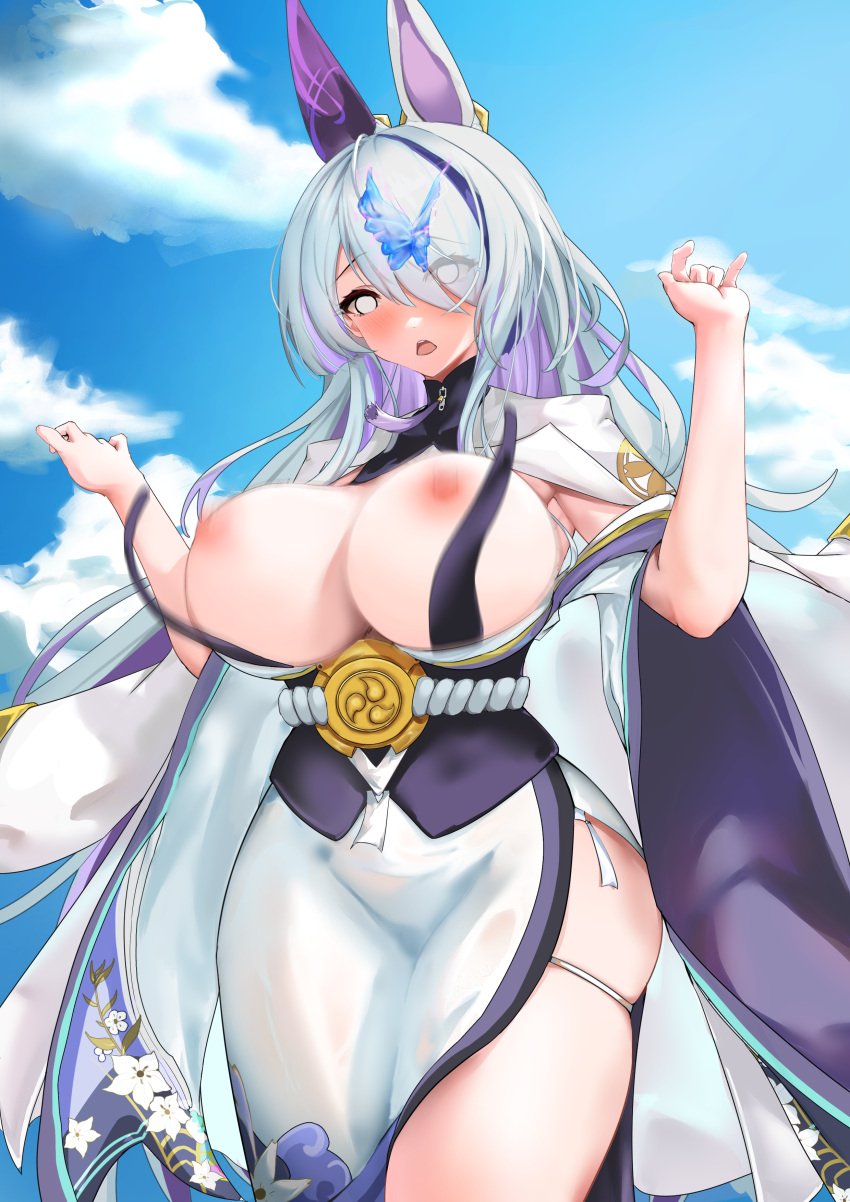 alternate_version_available animal_ears azur_lane breasts breasts_out butterfly cloud eyes_visible_through_hair long_hair one_eye_obstructed shocked shocked_expression skindentation sky tagme unzen_(azur_lane) wardrobe_malfunction white_hair