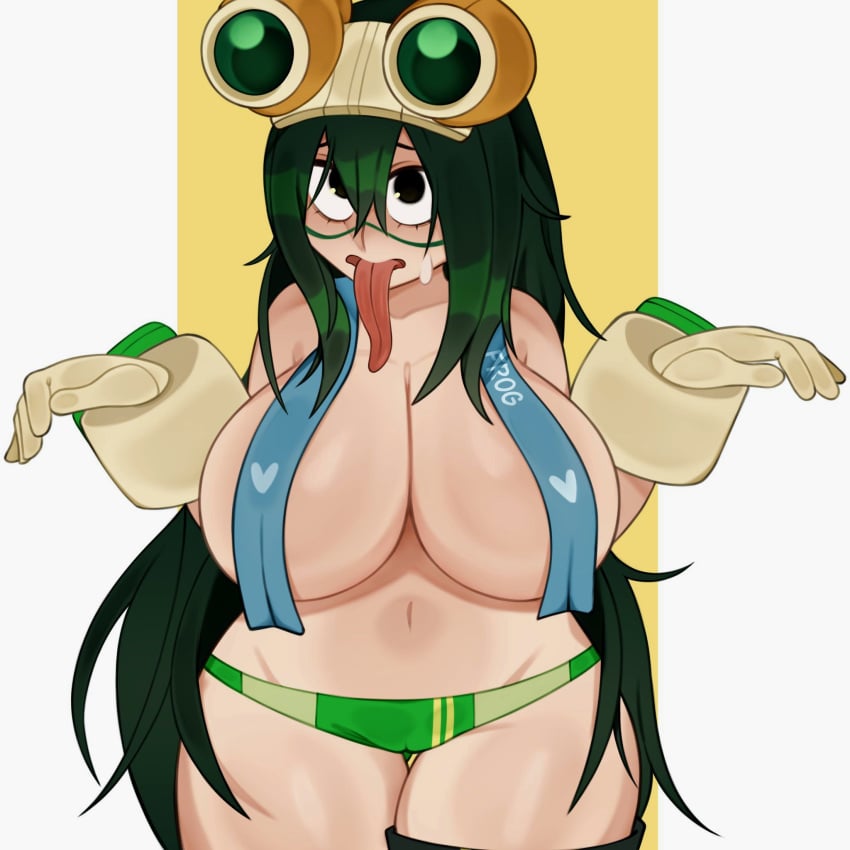 1girls big_breasts cleavage eyebrows female female_only goggles goggles_on_head green_hair large_breasts long_hair looking_at_viewer melonpuff my_hero_academia navel open_mouth panties solo solo_female solo_focus sweat sweatdrop sweating thick_thighs thighs tongue tongue_out towel towel_only tsuyu_asui wide_hips