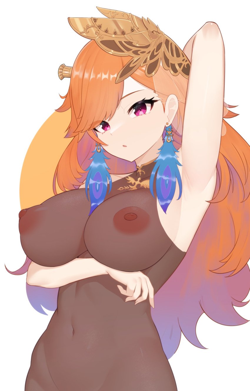 absurdres armpits breasts cleavage covered_collarbone earrings feather_earrings feathers female gradient_hair highres hololive hololive_english hololive_myth jewelry large_breasts long_hair looking_at_viewer moursho multicolored_hair navel nipples official_alternate_costume orange_hair phoenix_wings purple_eyes see-through see-through_cleavage solo takanashi_kiara takanashi_kiara_(3rd_costume) virtual_youtuber