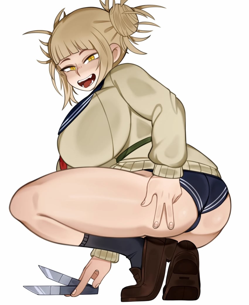 1girls ass big_ass big_breasts big_butt blonde_hair butt eyebrows fangs female female_only himiko_toga knife large_breasts light-skinned_female light_skin looking_at_viewer looking_back melonpuff my_hero_academia open_mouth panties solo solo_female solo_focus thick_thighs thighs wide_hips yellow_eyes