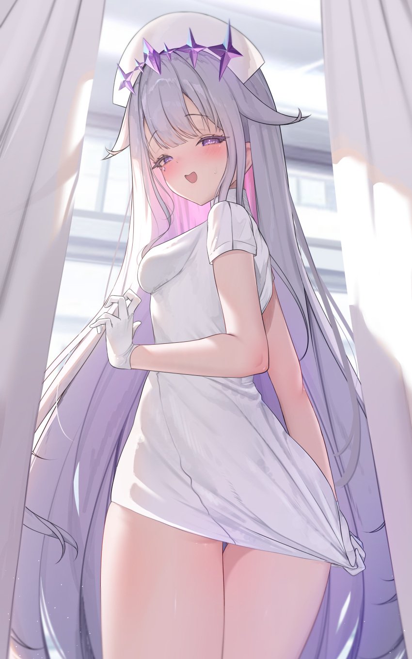 absurdres blush breasts colored_inner_hair crystal female from_behind gloves gradient_hair grey_hair hair_flaps hat headpiece highres hololive hololive_english hololive_english_-advent- jewel_under_eye koseki_bijou long_hair looking_at_viewer looking_back multicolored_hair nurse nurse_cap open_mouth pink_hair prab purple_crystal purple_eyes purple_hair short_sleeves small_breasts smile solo very_long_hair virtual_youtuber white_gloves yandere