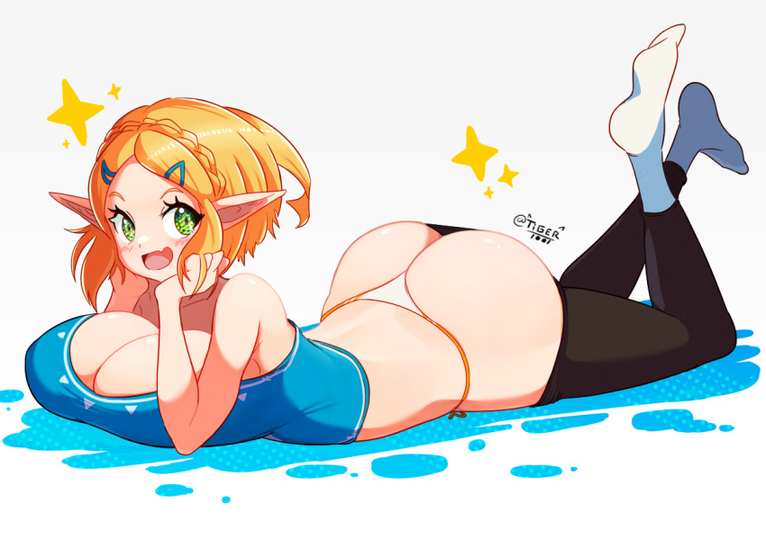 1girls ass blonde blue_topwear breasts bubble_butt butt dat_ass female green_eyes horny huge_breasts large_ass laying_down laying_on_stomach light-skinned_female light_skin nintendo pants_down princess_zelda short_hair tears_of_the_kingdom the_legend_of_zelda thick_thighs thong tiger1001 white_thong zelda_(tears_of_the_kingdom)