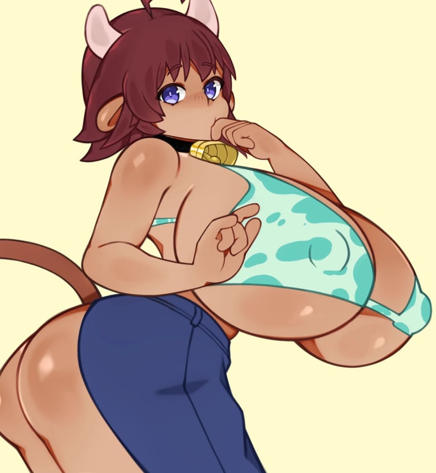 1girls ass big_breasts blue_eyes brown_hair cow_ears cow_girl cow_horns cow_tail cowbell eyebrows female female_minotaur female_only horns huge_breasts ishuzoku_reviewers large_breasts looking_at_viewer melonpuff milky_(ishuzoku_reviewers) minotaur minotaur_female minotaur_girl monster_girl nipple_bulge solo solo_female solo_focus tail thick_thighs thighs underboob wide_hips