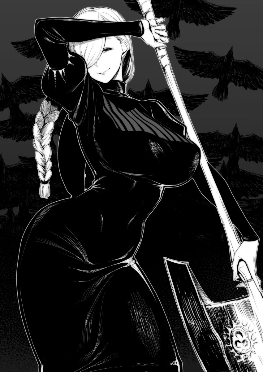 1girls absurdres ara_ara big_ass big_breasts braid braided_hair crow curvy curvy_female dress female_focus female_only hair_over_one_eye highres jujutsu_kaisen mei_mei_(jujutsu_kaisen) milf monochrome nakamura_regura smile solo tagme thick_thighs voluptuous weapon