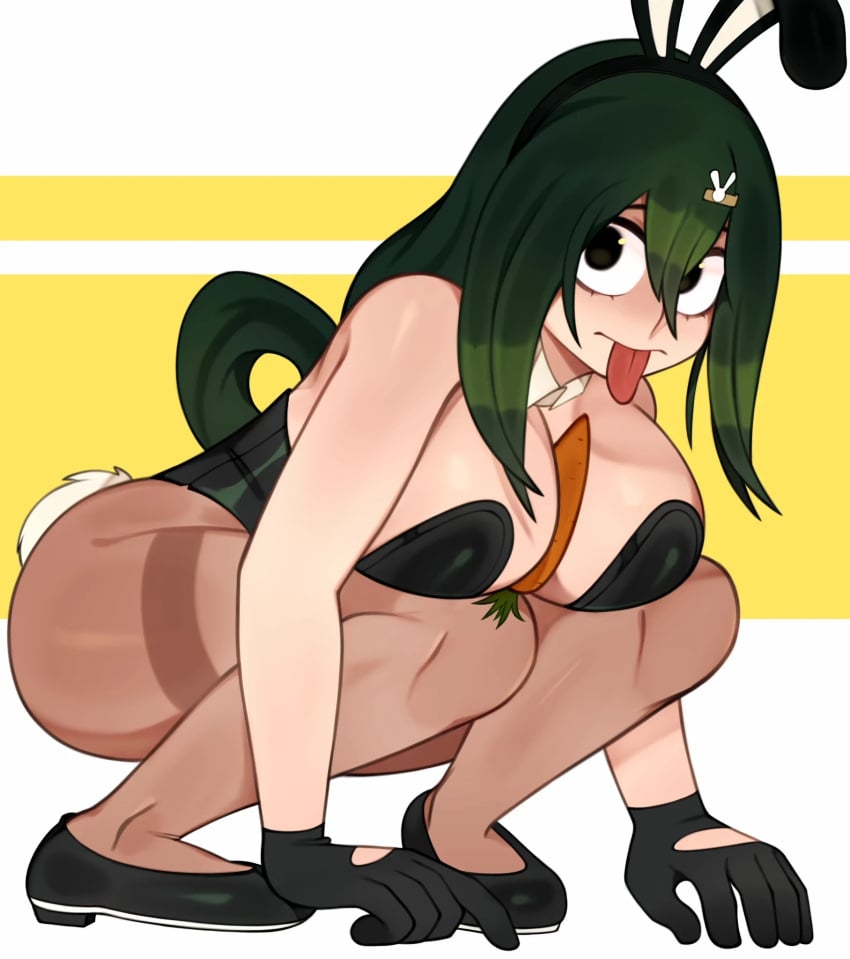 1girls big_breasts bunny_ears bunnysuit carrot carrot_paizuri cleavage eyebrows female female_only green_hair large_breasts long_hair looking_at_viewer melonpuff my_hero_academia solo solo_female solo_focus thick_thighs thighs tongue tongue_out tsuyu_asui