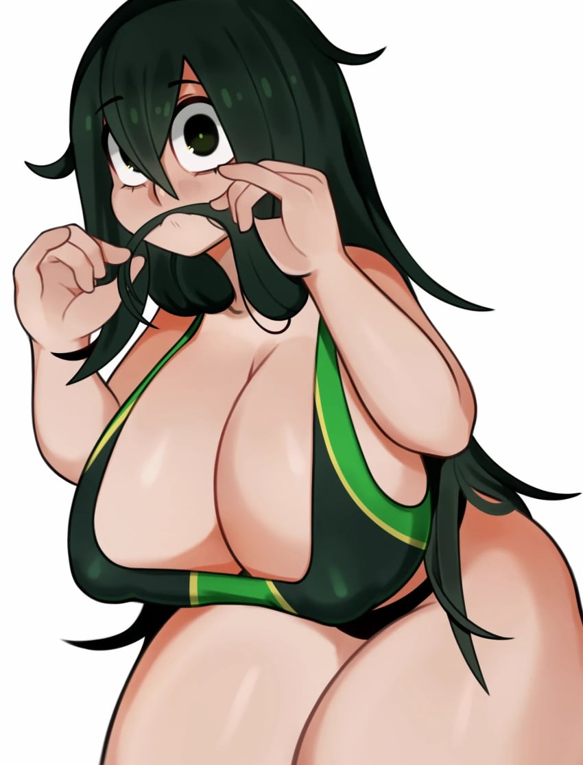 1girls big_breasts bra cleavage eyebrows eyebrows_visible_through_hair female female_only green_hair large_breasts long_hair looking_at_viewer melonpuff my_hero_academia panties solo solo_female solo_focus thick_thighs thighs tsuyu_asui wide_hips