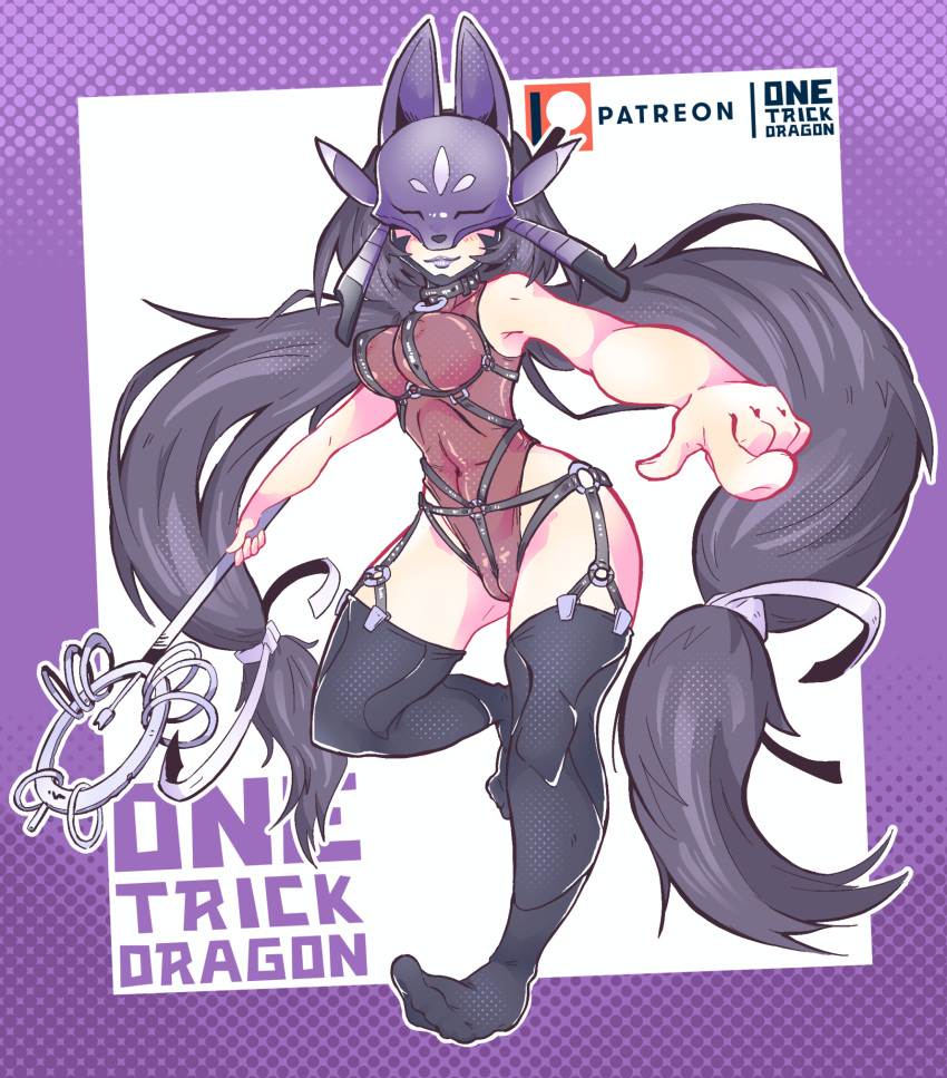 black_hair bondage_outfit collar digimon dominatrix kuzuhamon lipstick long_hair mask masked_female onetrickdragon purple_lipstick riding_up solo_female staff straps thighhighs twintails