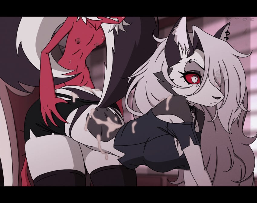 animated animation anthro bare_shoulders bouncing_breasts clothed clothed_sex cum cum_on_ass cum_on_back cum_on_body cum_on_lower_body eyes_wide_open furry hellhound helluva_boss jiggle kyde loona_(helluva_boss) male/female moxxie_(helluva_boss) panties panties_aside see-through straight surprised surprised_expression