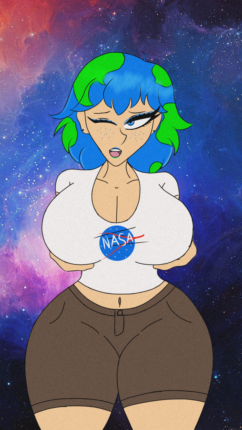 big_breasts blue_eyes blue_hair breast_grab brown_shorts earth earth-chan female female_focus female_only huge_breasts nasa shorts space thick_thighs winking_at_viewer