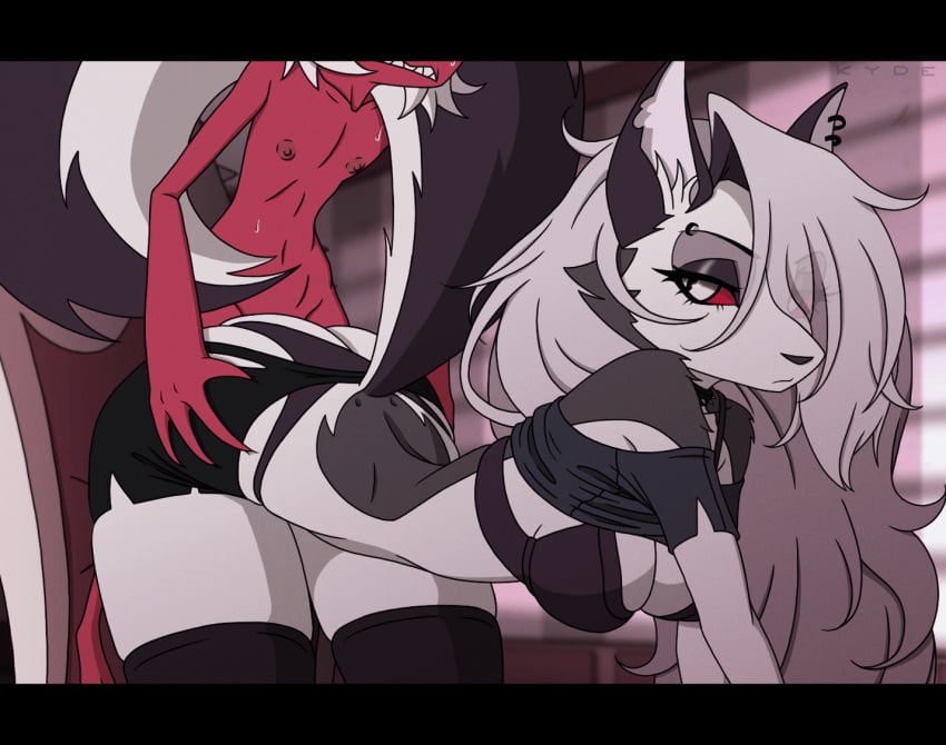 animated animation anthro bare_shoulders bouncing_breasts clothed clothed_sex doggy_style furry hellhound helluva_boss jiggle kyde loona_(helluva_boss) male/female moxxie_(helluva_boss) see-through straight tagme uninterested