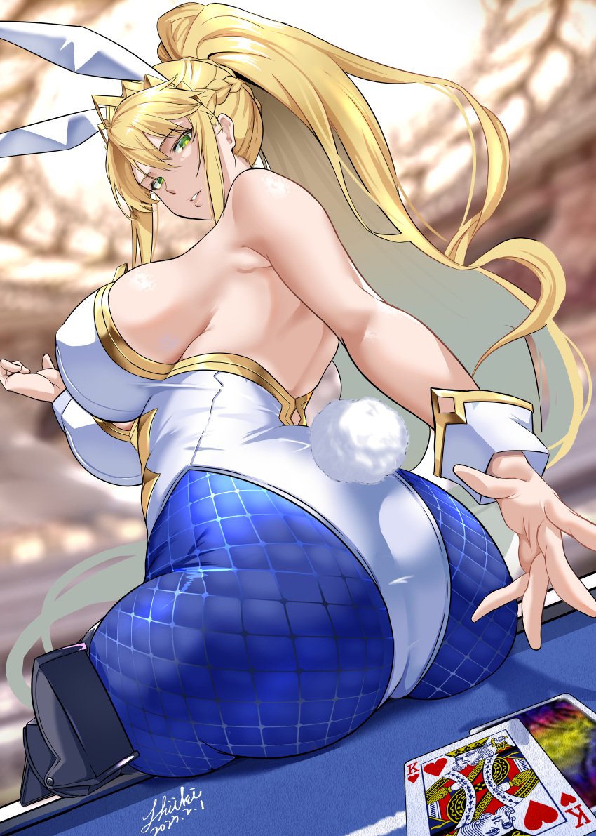 1girls absurdres animal_ears artoria_pendragon_(all) artoria_pendragon_(fate) artoria_pendragon_(lancer) artoria_pendragon_(swimsuit_ruler) artoria_pendragon_(swimsuit_ruler)_(fate) ass backless_leotard bare_shoulders blonde_hair blue_pantyhose blurry blurry_background breasts card dated fake_animal_ears fake_tail fate/grand_order fate_(series) female from_behind gold_trim green_eyes high_ponytail highres king_(playing_card) king_of_hearts_(card) large_breasts leotard long_hair looking_at_viewer looking_back looking_down official_alternate_costume pantyhose parted_lips playboy_bunny playing_card rabbit_ears rabbit_tail shiiki_(love-saber) sideboob signature sitting solo tail tiara white_leotard wrist_cuffs