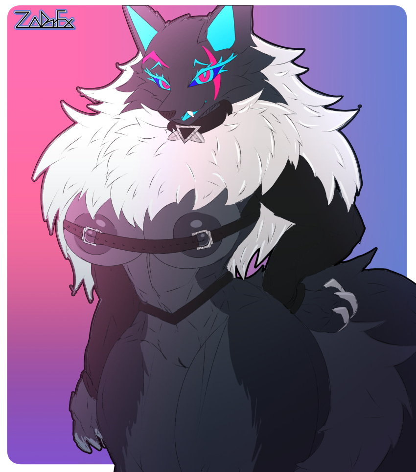 absurd_res anthro anthro_only ass belt big_breasts big_butt black_body black_fur blue_eyes breasts canid canine canis choker clothed clothing digital_media_(artwork) epic_games female fortnite fur fur_trim_(clothing) furry furry_only genitals hair hi_res highwire_(fortnite) huge_breasts jewelry looking_at_viewer mammal markings mostly_nude mostly_nude_female necklace nipples nude open_mouth pack_leader_highwire pussy red_eyes scar simple_background smile solo standing tail thick_thighs tongue topwear white_body white_fur wolf wolf_ears wolf_girl zadrex