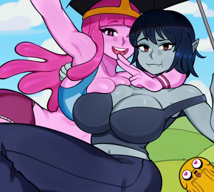 1boy 2girls adventure_time armpits big_breasts black_hair blue_body blue_skin cleavage eyebrows eyebrows_visible_through_hair female jake_the_dog large_breasts looking_at_viewer marceline melonpuff orange_fur pink_body pink_eyes pink_hair pink_skin pointy_ears pressing_breasts princess_bubblegum thick_thighs thighs vampire wide_hips