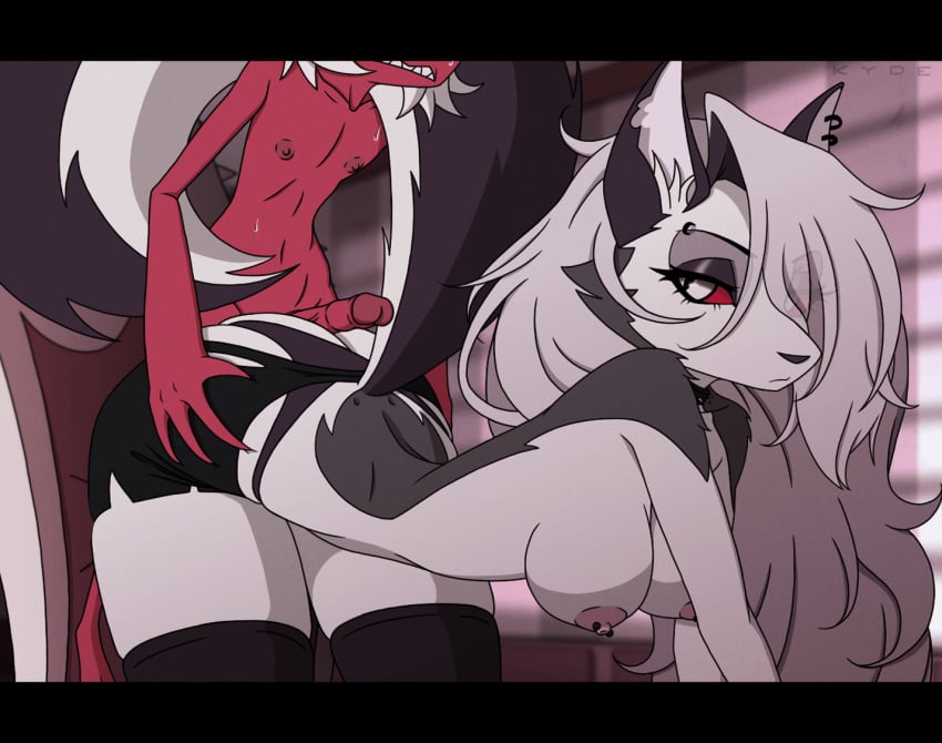 animated animation anthro assjob assjob_through_clothes bare_shoulders bouncing_breasts clothed clothed_sex furry hellhound helluva_boss jiggle kyde loona_(helluva_boss) male/female moxxie_(helluva_boss) see-through straight tagme tits_out uninterested