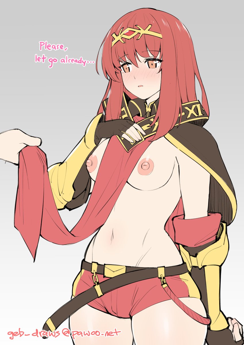 1girls absurdres alternate_costume arm_behind_back artist_name belt black_belt black_capelet black_gloves blush breasts capelet celica_(einherjar)_(fire_emblem) celica_(fire_emblem) commentary cowboy_shot english_commentary english_text female_focus fingerless_gloves fire_emblem fire_emblem_awakening fire_emblem_gaiden ge-b gebyy-terar gloves grey_background hand_up highres lifted_by_another long_hair medium_breasts mightykow nintendo nipples official_alternate_costume pelvic_curtain red_eyes red_hair red_shorts short_shorts shorts simple_background solo_focus text tiara tight_shorts