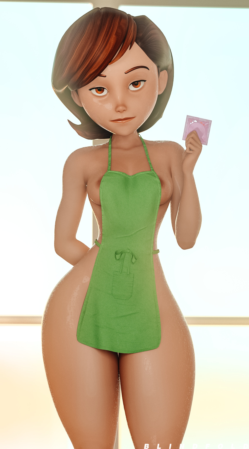 1girls 3d apron apron_only blindfold_(artist) breasts condom condom_wrapper curvy female female_only helen_parr hi_res hips holding_condom karfex looking_at_viewer mature_female milf mostly_nude naked_apron nipple_slip nipples pixar solo standing the_incredibles the_incredibles_2 thick_thighs thin_waist unopened_condom_wrapper wide_hips