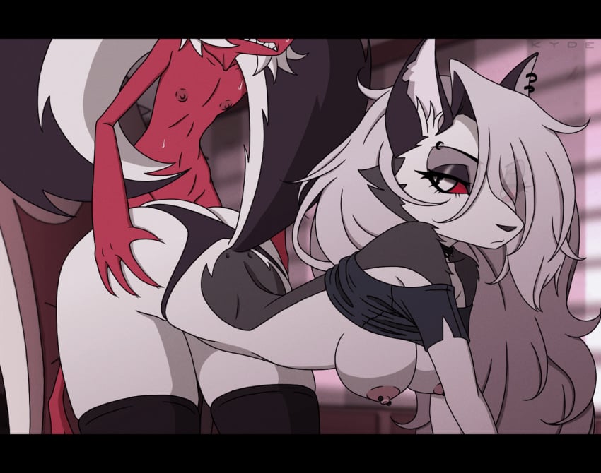 animated animation anthro bare_shoulders bouncing_breasts clothed clothed_sex furry hellhound helluva_boss jiggle kyde loona_(helluva_boss) male/female moxxie_(helluva_boss) partially_clothed see-through straight tagme tits_out uninterested