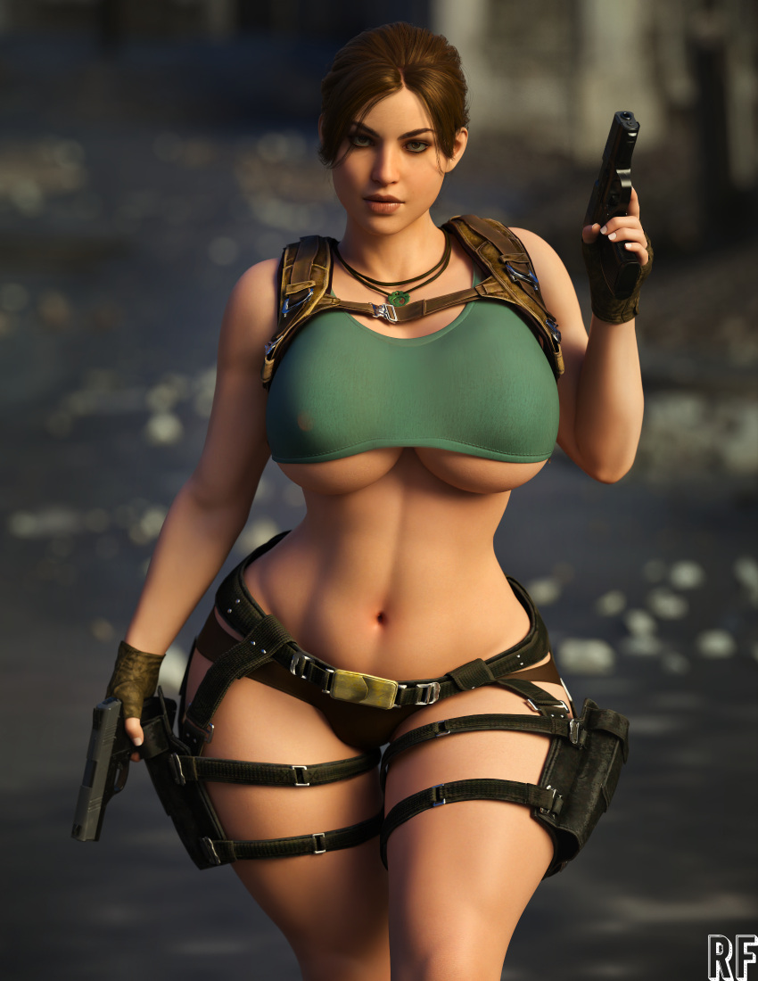 1girls 3d abs absurd_res activision bare_midriff breasts brown_hair brunette busty call_of_duty call_of_duty_modern_warfare_2_(2022) curvaceous embracer_group female female_only gun gun_belt guns hi_res hips hourglass_figure lara_croft lara_croft_(cod) large_breasts looking_at_viewer narrow_waist rude_frog slim_waist solo thigh_gap thighs tomb_raider underboob wide_hips