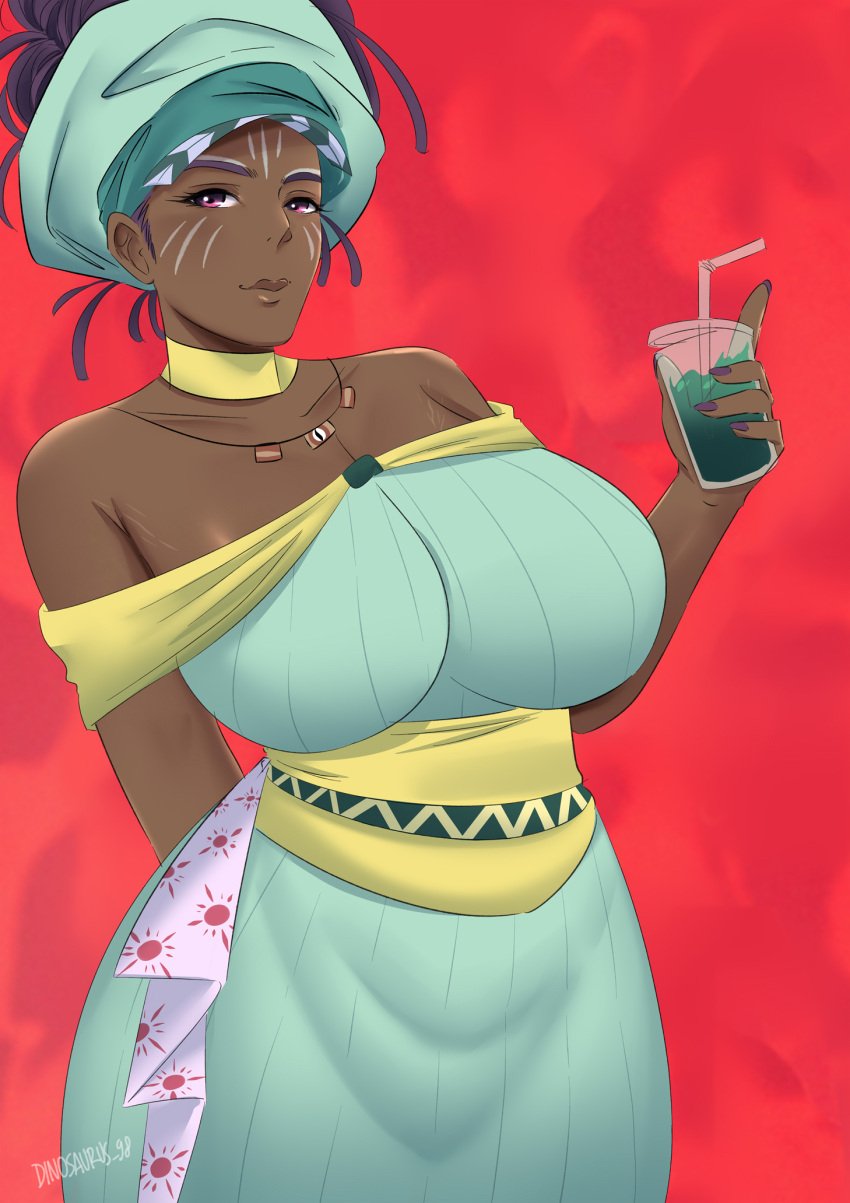 1girls artist_name big_breasts borrowed_character cup dark-skinned_female dark_skin dinosaurus_98 drinking_straw face_paint female female_only fully_clothed necklace nigeria personification pink_eyes thick_thighs wide_hips