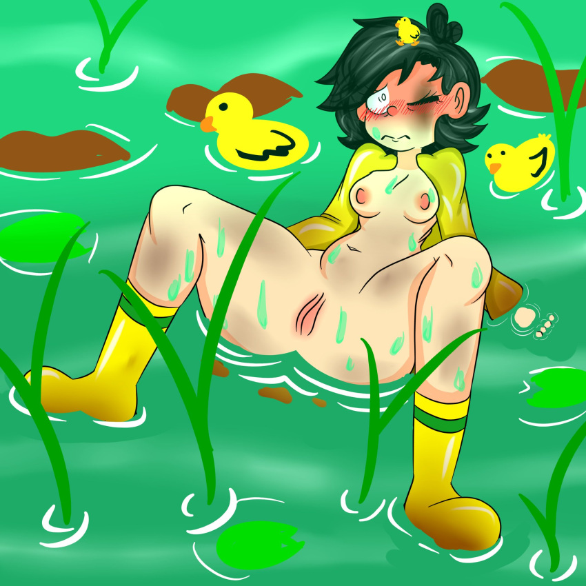 breasts duck elebrruno embarrassed_nude_female enf lily_pad nude practically_nude pussy raincoat rubber_boots senftember senftember_(2023) shirtless_sleeves shrug_(clothing) sleeves water