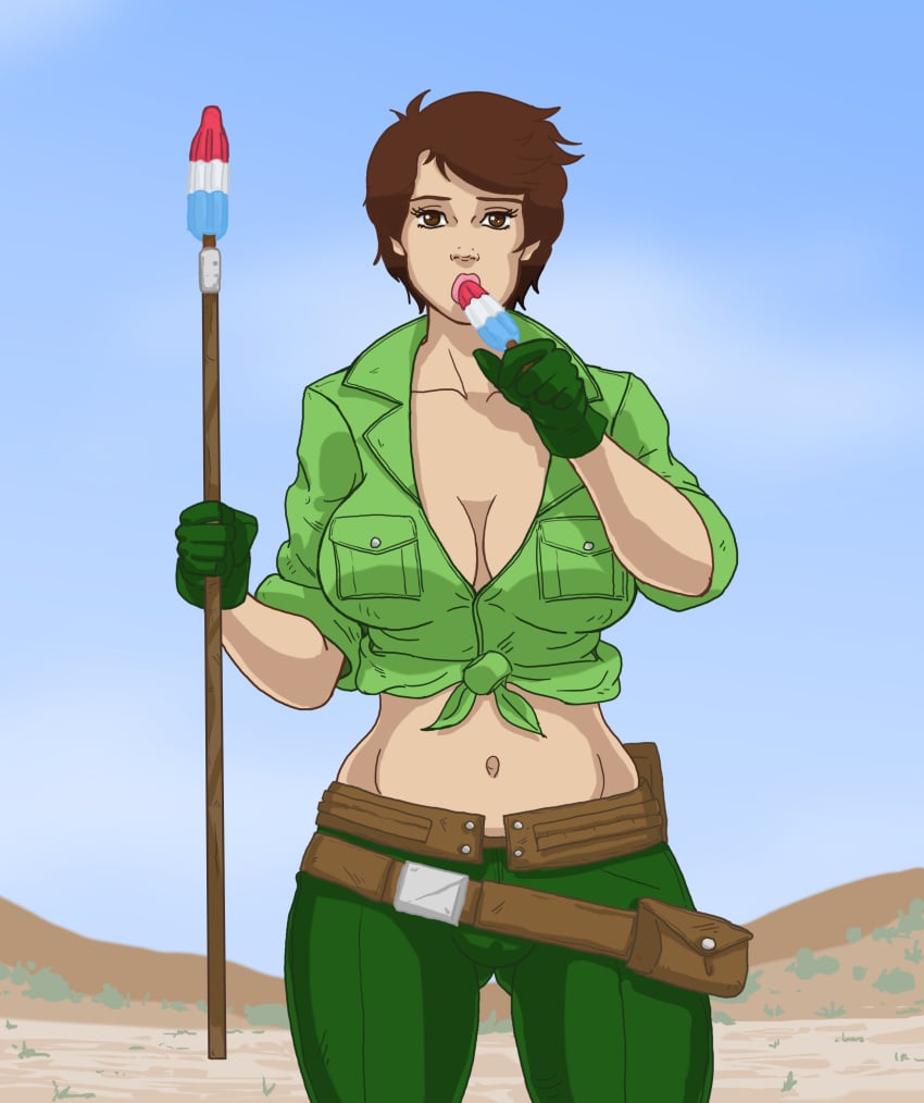 alison_r_hart_burnett belt big_breasts breasts brown_hair g.i._joe gloves implied_fellatio javelin knotted_shirt lady_jaye looking_at_viewer popsicle suggestive_food