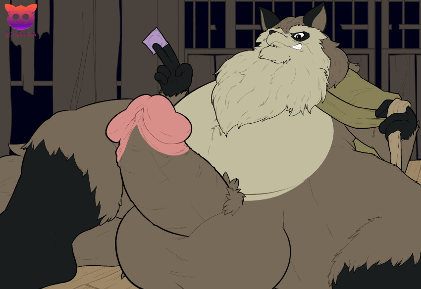 2023 anthro balls beard belly big_balls big_belly big_penis brown_body canid canine condom doritomon erection facial_hair genitals ghibli hi_res humanoid_hands inugami_gyoubu_(pom_poko) male mammal mature_male overweight overweight_male penis pom_poko raccoon_dog sexual_barrier_device sitting solo tanuki