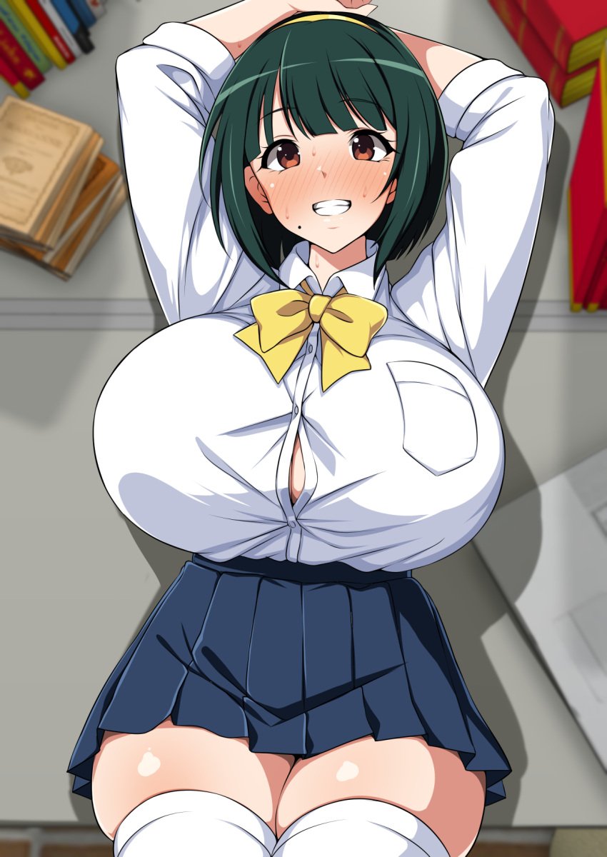 1girls big_breasts blush blush_lines blushing boob_window bowtie breasts busty curvaceous curvy curvy_body curvy_female curvy_figure desk female green_hair huge_breasts idolmaster idolmaster_(classic) jabara_tornado kotori_otonashi large_breasts otonashi_kotori school_uniform schoolgirl schoolgirl_uniform skirt thick_thighs thighs voluptuous