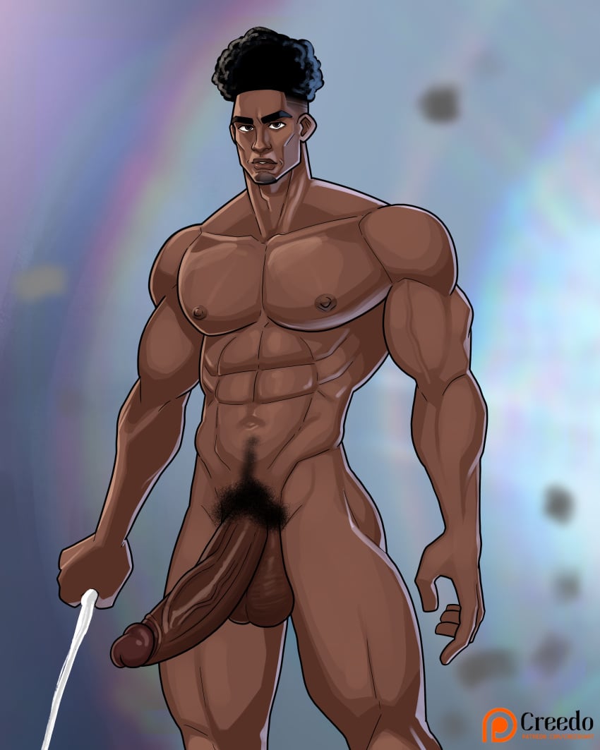 1boy abs aged_up artist_name balls ballsack bara black_hair brown_eyes creedo dangling_testicles foreskin foreskin_folds human inner_foreskin intact low_hanging_balls male male_nipples male_only male_pubic_hair manly marvel mature_male miles_morales muscles muscular_male nude_male patreon_username pecs penis retracted_foreskin scrotum semi-erect smooth_skinned_male solo spider-man:_across_the_spider-verse spider-man:_into_the_spider-verse spider-man_(series) testicles uncut veiny_penis