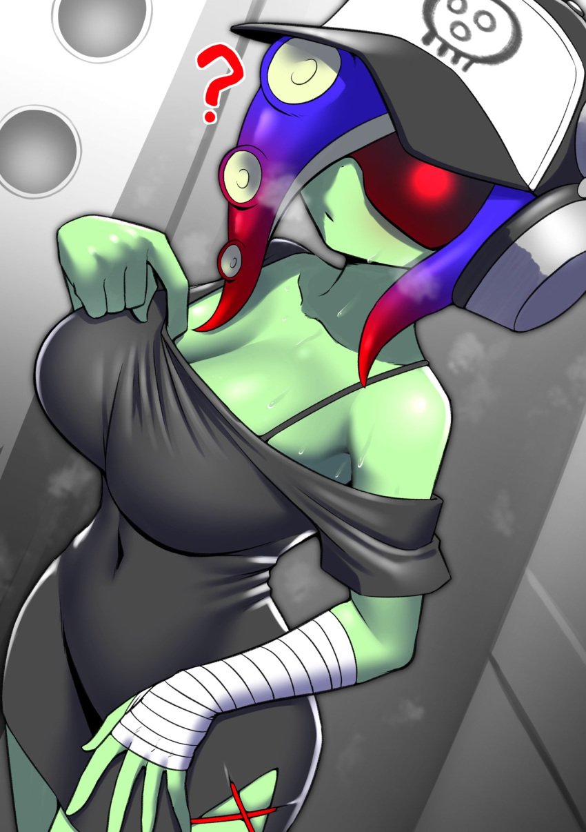 acht_(splatoon) big_breasts breasts dedf1sh female green_skin mizuta_ahato_(splatoon) nintendo nobunagapero octoling octoling_girl peronattu sanitized_octoling splatoon splatoon_3:_side_order sweat tagme