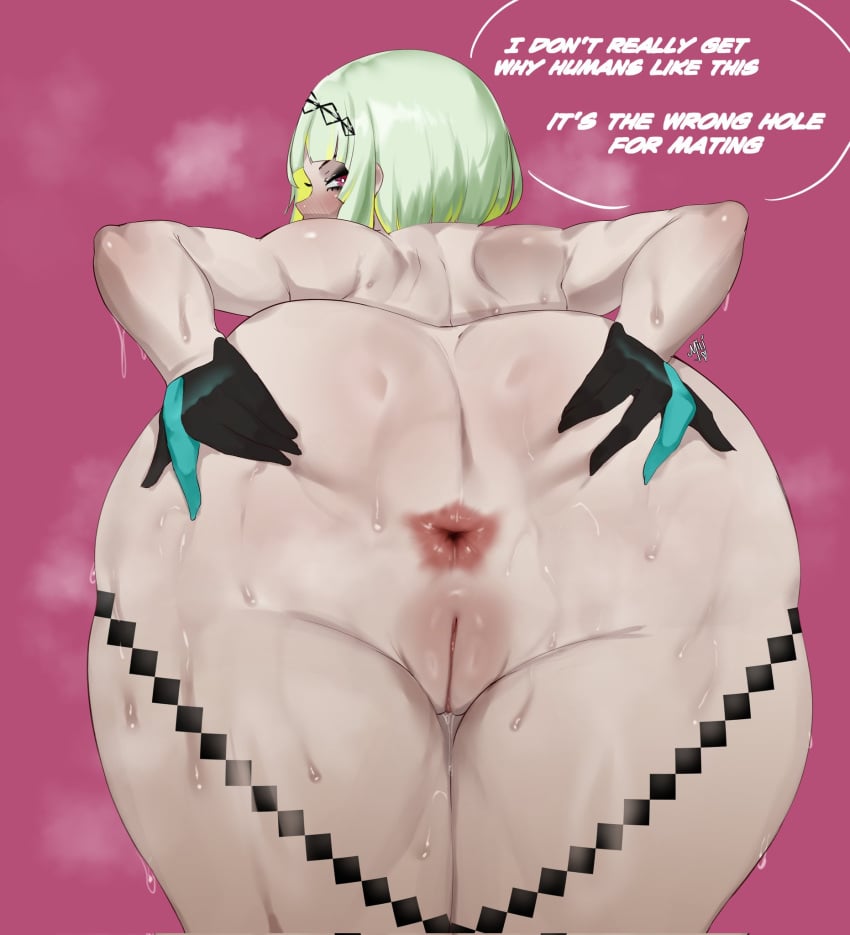 albino anus_focus artificial_intelligence ass atlus big_ass big_breasts big_butt bubble_butt fan_character female female_only gaping green_hair gynoid handwear huge_ass humanoid machine makeup megami_tensei milileonaorochi nude nude_female open_anus pale_skin pink_eyes pussy pussy_juice ringo_(soul_hackers) robot soul_hackers soul_hackers_2 white_skin