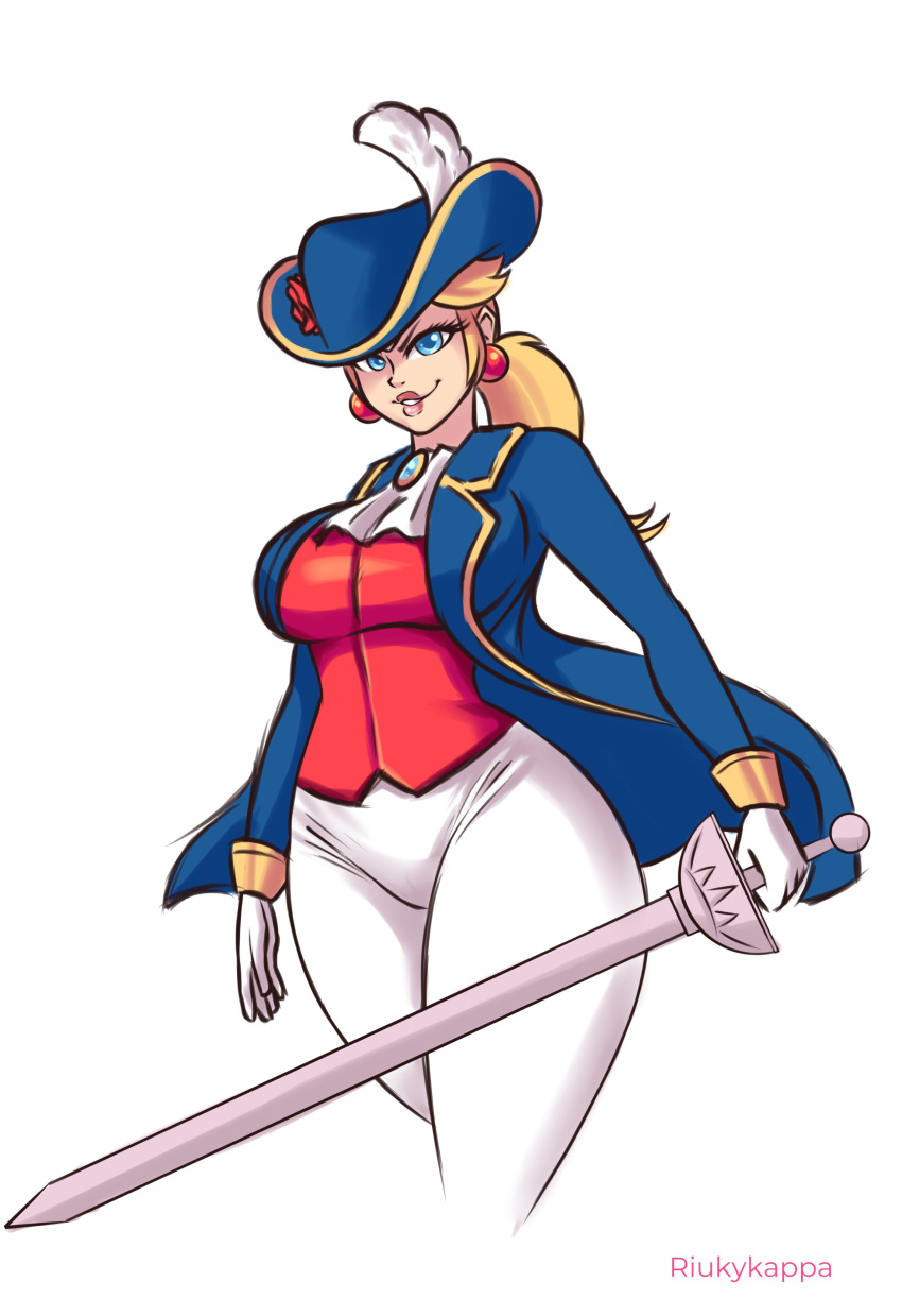 1girls big_breasts big_lips blonde_hair blue_eyes female female_only fence hat imminent_death looking_at_viewer mario_(series) nintendo princess_peach princess_peach:_showtime! riukykappa swordfighter_peach thick_thighs tight_clothing tight_pants