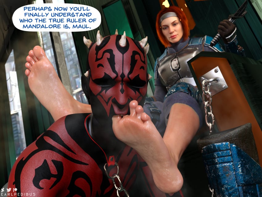 1boy 1girls 3d barefoot big_feet bo-katan_kryze bob_cut brown_eyes collar darth_maul dialogue female femdom foot_fetish foot_focus foot_worship leash long_toes male malesub red_hair short_hair smell smelly_feet soles star_wars sucking_toes text toes