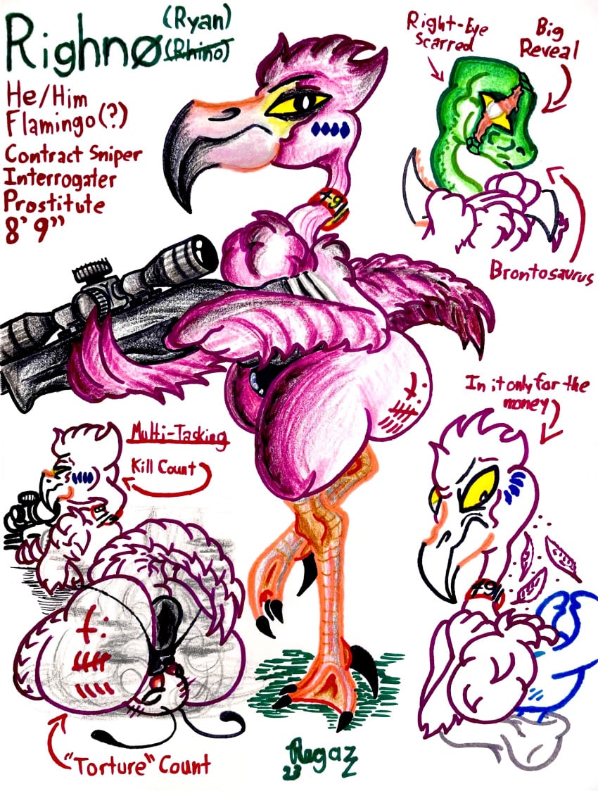 absurd_res anthro anus ass avian big_butt big_chest big_hands big_tail bird black_anus bodypaint brontosaurus bulge bulge_in_face chest_tuft clothed clothing costume dinosaur diplodocid disguise eye_scar facial_scar feathers flamingo fluffy_chest fursuit green_body green_head green_scales gun hair hi_res jockstrap jockstrap_only male model_sheet musk musk_clouds musky_butt neckwear on_one_leg pervnamedregazz pink_body pink_feathers pink_hair puffy_anus ranged_weapon reptile rifle righno_(regazz) sauropod scales scalie scar shoulder_tuft smothering sniper sniper_rifle solo standing tail talons thick_thighs topless traditional_media_(artwork) tuft underwear underwear_only weapon yellow_sclera