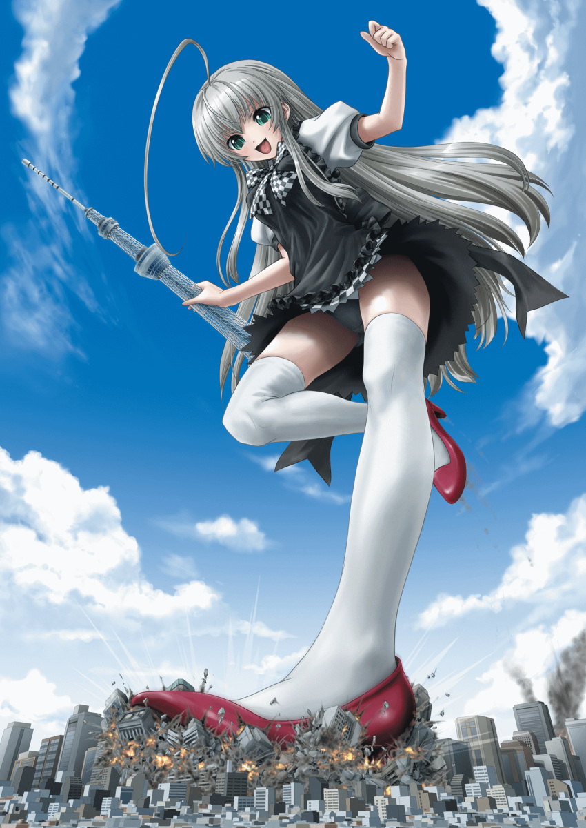 :d ahoge black_panties bow building checkered_bow checkered_clothes checkered_skirt city cloud day destruction dress eichikei_(hakuto) female from_below giantess gif_artifacts green_eyes haiyore!_nyaruko-san highres long_hair looking_down nyarlathotep_(nyaruko-san) open_mouth panties pantyshot silver_hair skindentation skirt sky skyscraper smile smoke solo standing standing_on_one_leg thighhighs underwear upskirt white_thighhighs