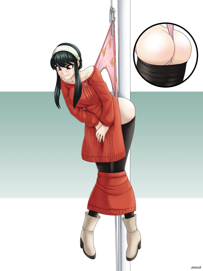 ass black_hair blush childish_panties embarrassed female female_only hands_on_crotch holding_crotch humiliation juhuca medium_breasts medium_hair panties pantyhose pink_panties red_eyes skirt skirt_pull solo spy_x_family tagme wedgie yor_briar